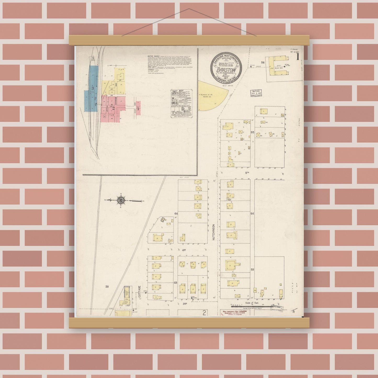 Old map wall art mockup — magnetic wood frame on brick wall — Sanborn Fire Insurance Map from Barstow, San Bernardino County, California (1917), Sheet #0001