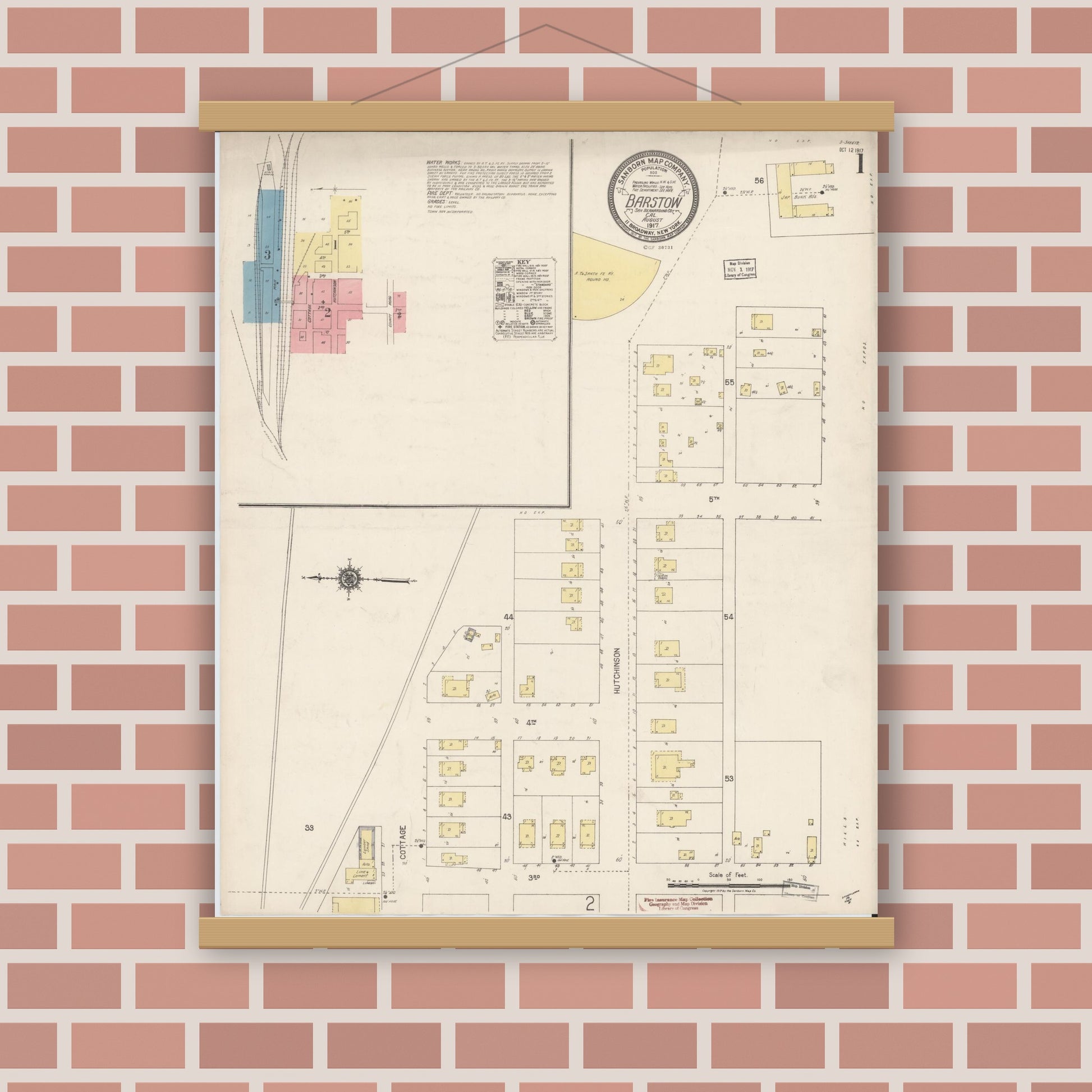 Old map wall art mockup — magnetic wood frame on brick wall — Sanborn Fire Insurance Map from Barstow, San Bernardino County, California (1917), Sheet #0001