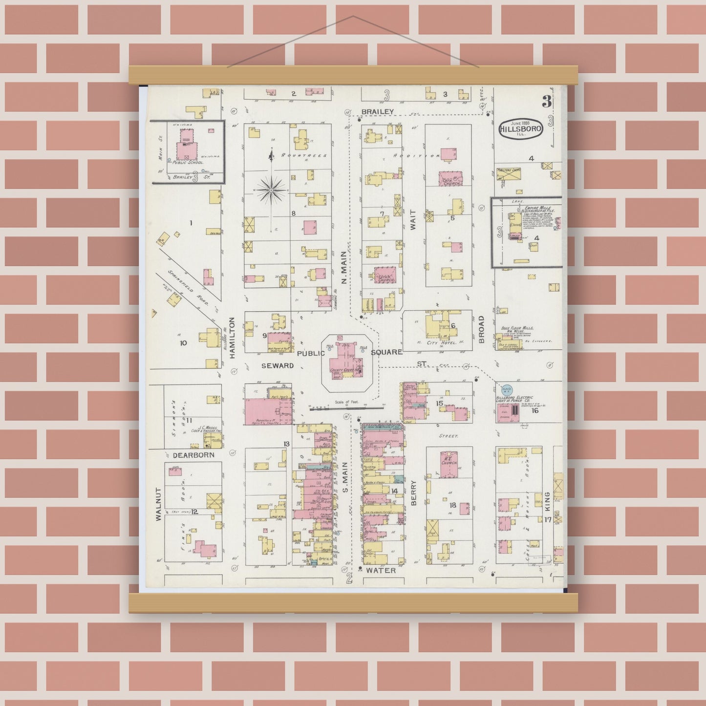 Old map wall art mockup — magnetic wood frame on brick wall — Sanborn Fire Insurance Map from Hillsboro, Montgomery County, Illinois (1893), Sheet #0003