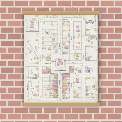 Old map wall art mockup — magnetic wood frame on brick wall — Sanborn Fire Insurance Map from Hillsboro, Montgomery County, Illinois (1893), Sheet #0003