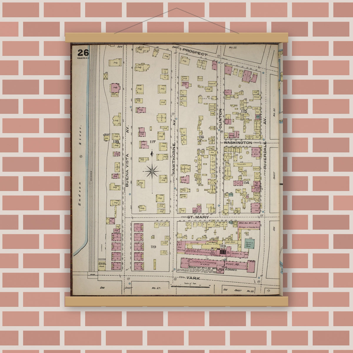 Old map wall art mockup — magnetic wood frame on brick wall — Sanborn Fire Insurance Map from Yonkers, Westchester County, New York (1886), Sheet #0026