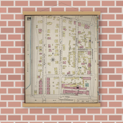 Old map wall art mockup — magnetic wood frame on brick wall — Sanborn Fire Insurance Map from Yonkers, Westchester County, New York (1886), Sheet #0026