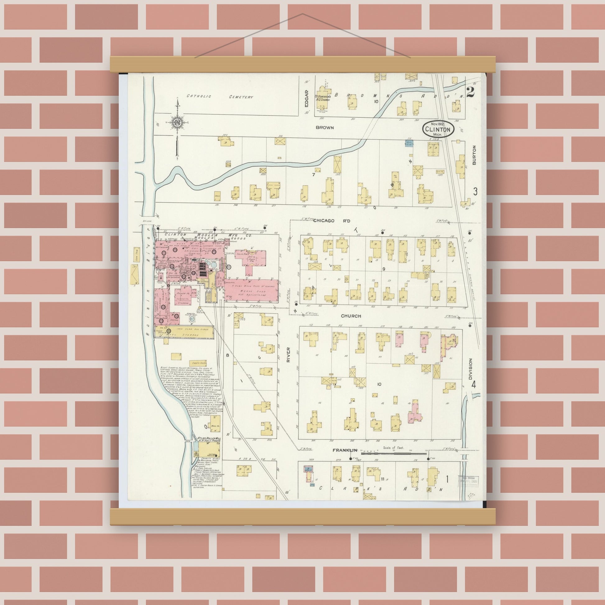 Old map wall art mockup — magnetic wood frame on brick wall — Sanborn Fire Insurance Map from Clinton, Lenawee County, Michigan (1912), Sheet #0002