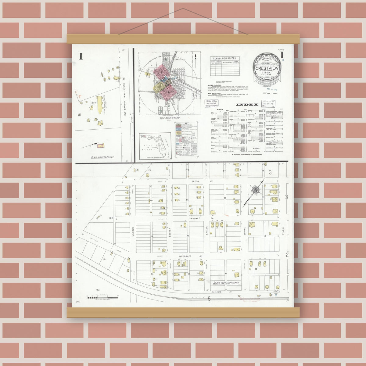 Old map wall art mockup — magnetic wood frame on brick wall — Sanborn Fire Insurance Map from Crestview, Okaloosa County, Florida (1939), Sheet #0001