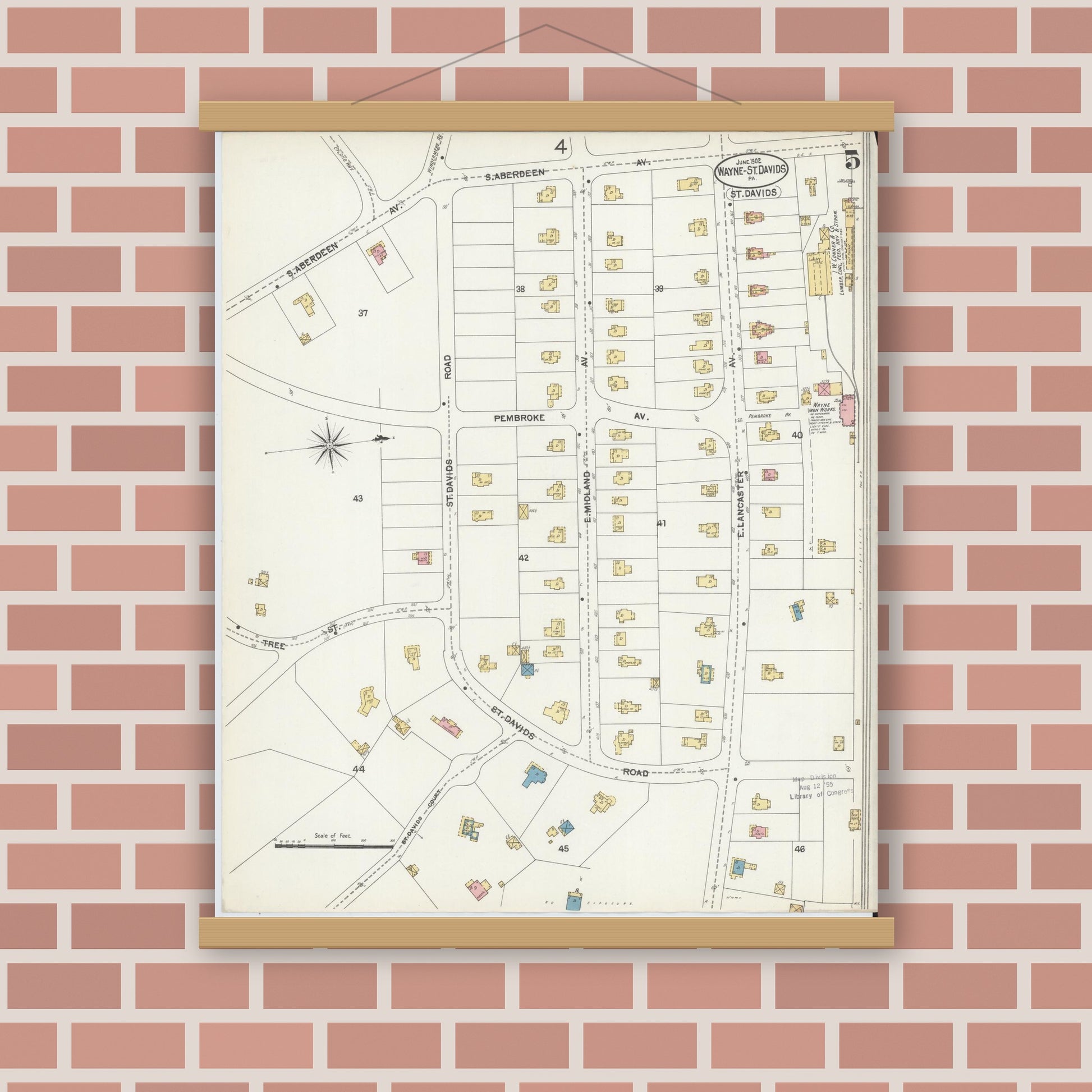 Old map wall art mockup — magnetic wood frame on brick wall — Sanborn Fire Insurance Map from Wayne, Delaware County, Pennsylvania (1902), Sheet #0005