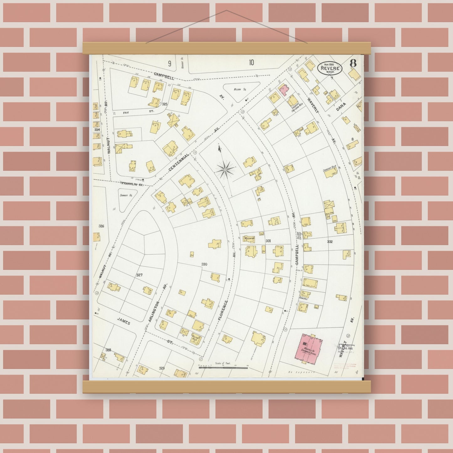 Old map wall art mockup — magnetic wood frame on brick wall — Sanborn Fire Insurance Map from Revere, Suffolk County, Massachusetts (1900), Sheet #0008