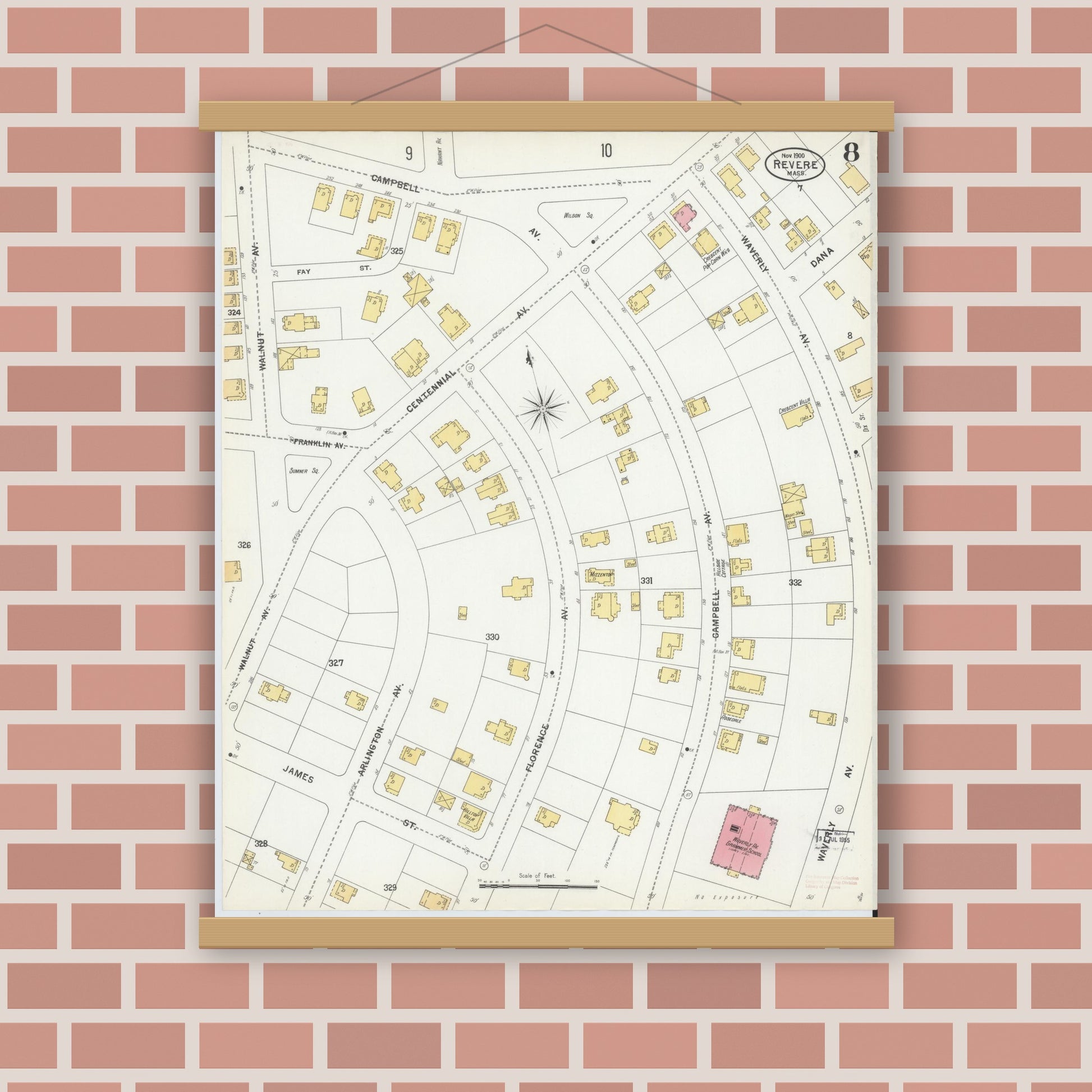 Old map wall art mockup — magnetic wood frame on brick wall — Sanborn Fire Insurance Map from Revere, Suffolk County, Massachusetts (1900), Sheet #0008