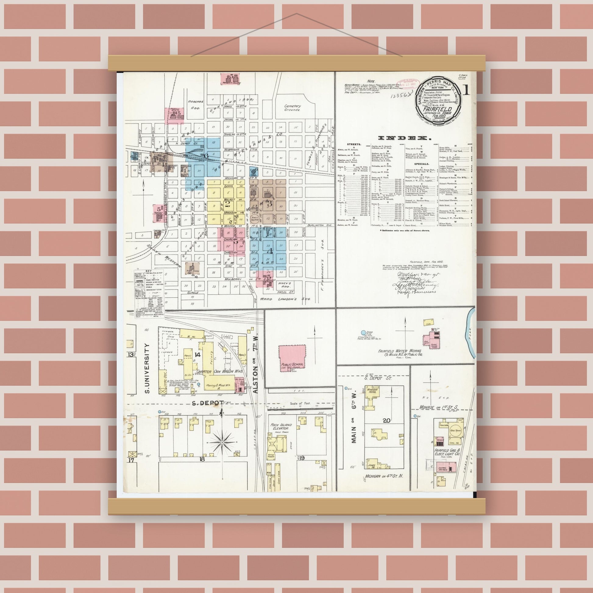 Old map wall art mockup — magnetic wood frame on brick wall — Sanborn Fire Insurance Map from Fairfield, Jefferson County, Iowa (1892), Sheet #0001