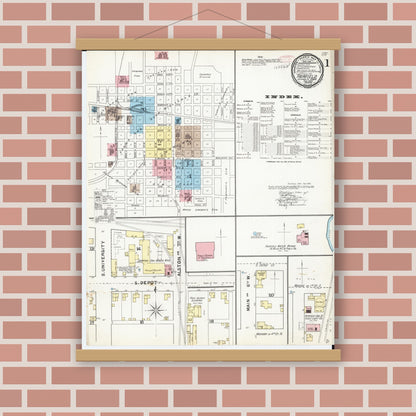 Old map wall art mockup — magnetic wood frame on brick wall — Sanborn Fire Insurance Map from Fairfield, Jefferson County, Iowa (1892), Sheet #0001