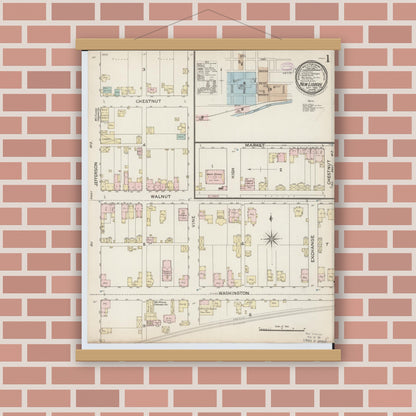 Old map wall art mockup — magnetic wood frame on brick wall — Sanborn Fire Insurance Map from New Lisbon, Columbiana County, Ohio (1887) - Complete Map Set