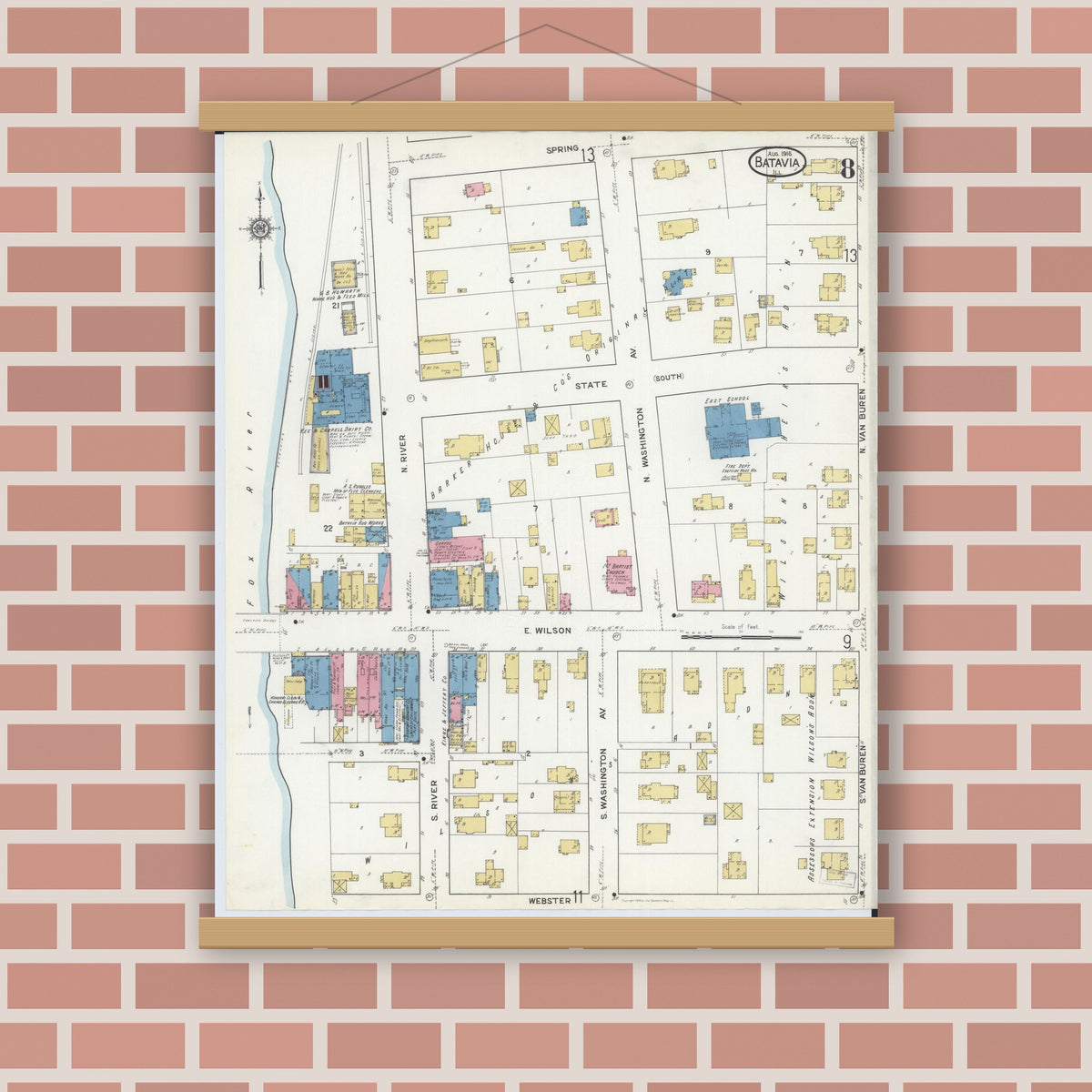 Old map wall art mockup — magnetic wood frame on brick wall — Sanborn Fire Insurance Map from Batavia, Kane County, Illinois (1916), Sheet #0008