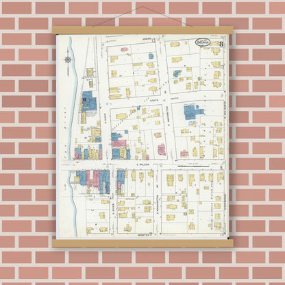 Old map wall art mockup — magnetic wood frame on brick wall — Sanborn Fire Insurance Map from Batavia, Kane County, Illinois (1916), Sheet #0008