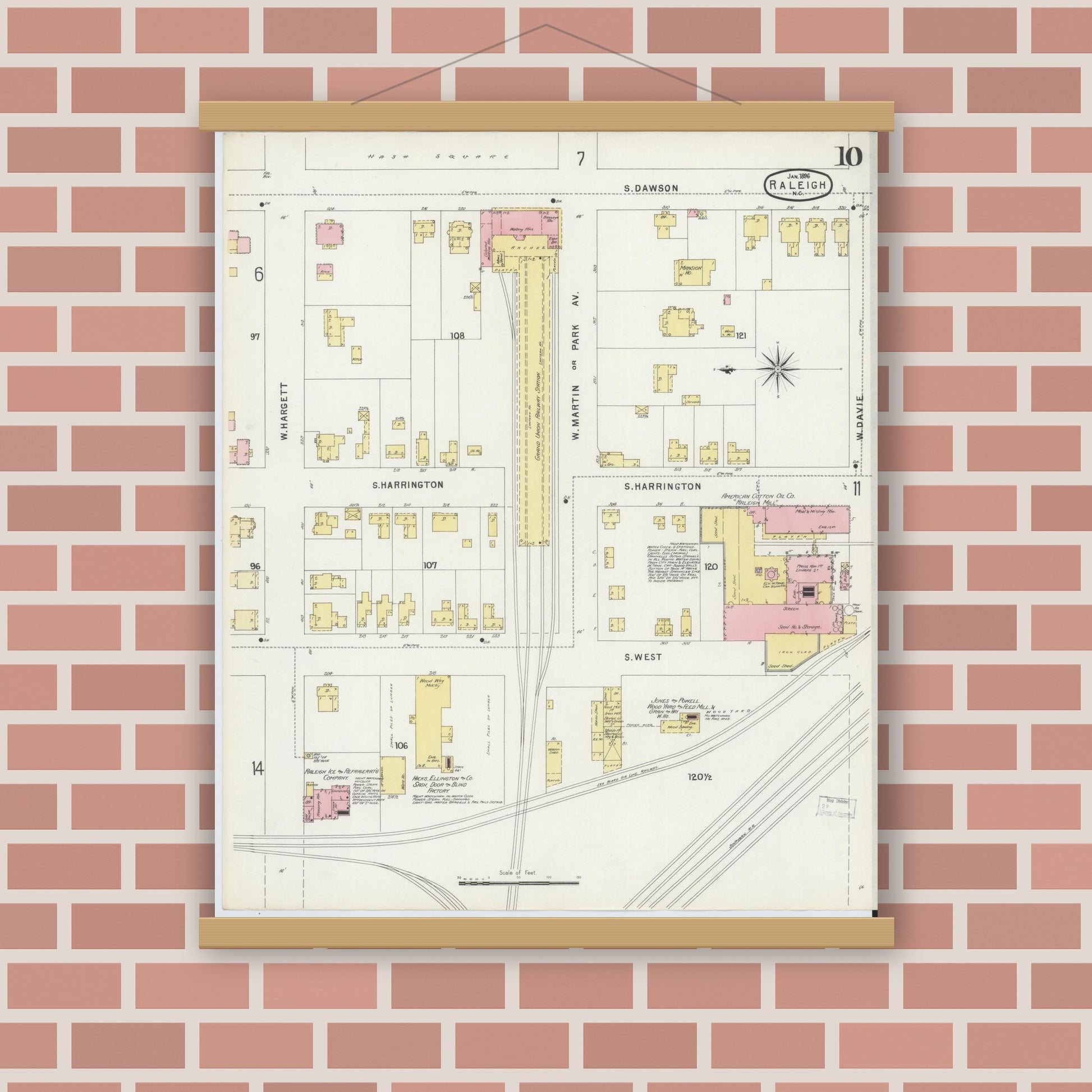 Old map wall art mockup — magnetic wood frame on brick wall — Sanborn Fire Insurance Map from Raleigh, Wake County, North Carolina (1896), Sheet #0010