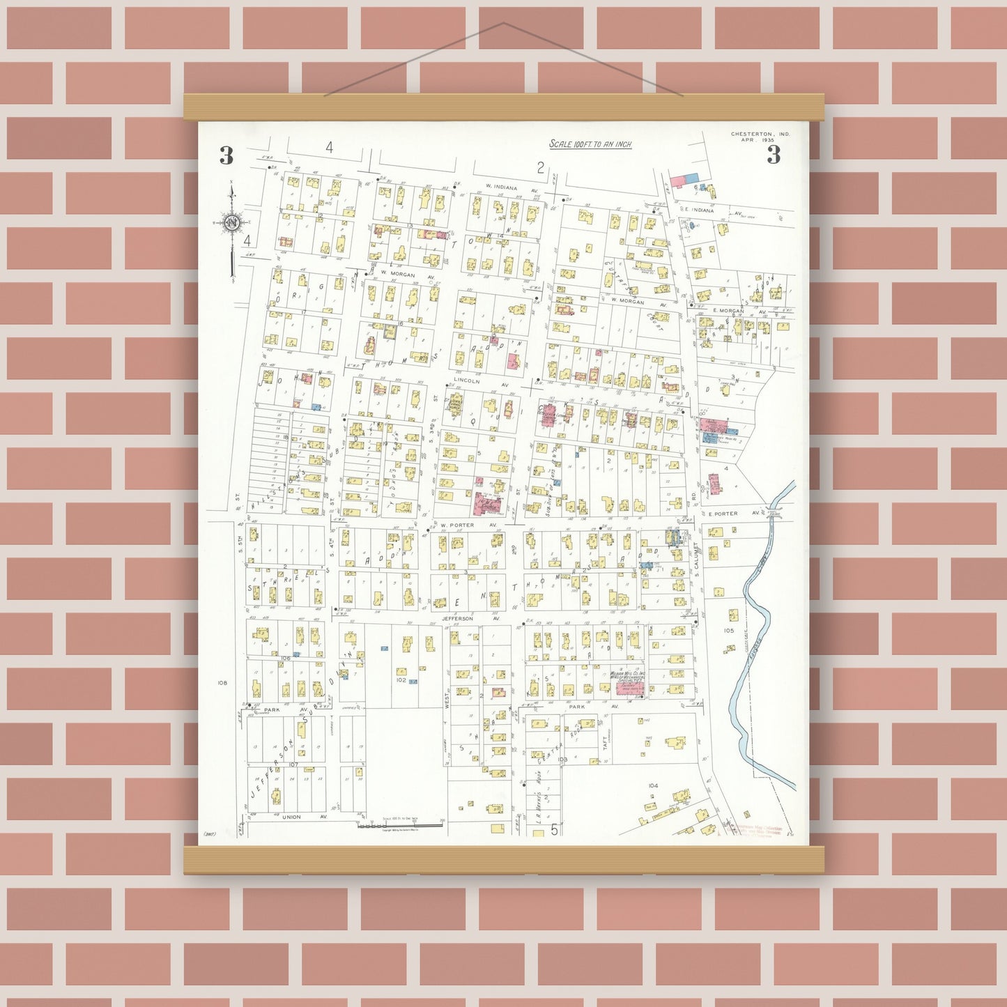 Old map wall art mockup — magnetic wood frame on brick wall — Sanborn Fire Insurance Map from Chesterton, Porter County, Indiana (1935), Sheet #0003