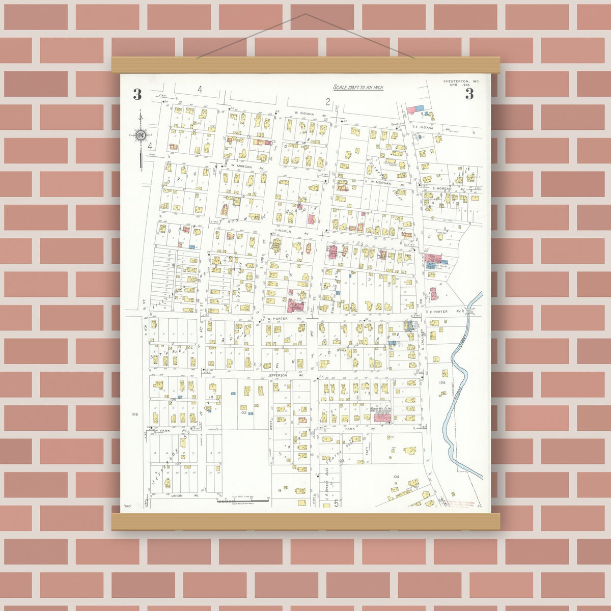 Old map wall art mockup — magnetic wood frame on brick wall — Sanborn Fire Insurance Map from Chesterton, Porter County, Indiana (1935), Sheet #0003