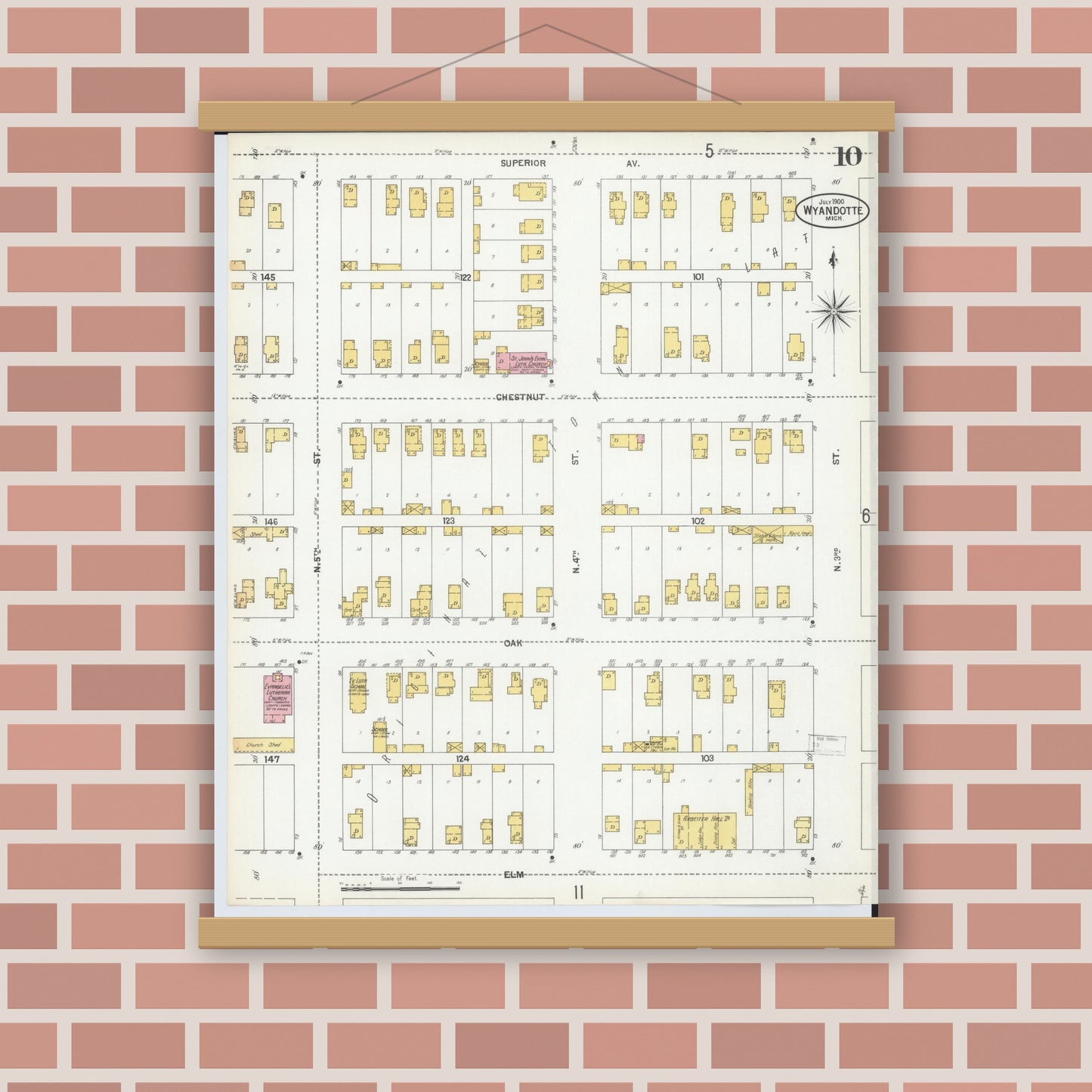Old map wall art mockup — magnetic wood frame on brick wall — Sanborn Fire Insurance Map from Wyandotte, Wayne County, Michigan (1900), Sheet #0010