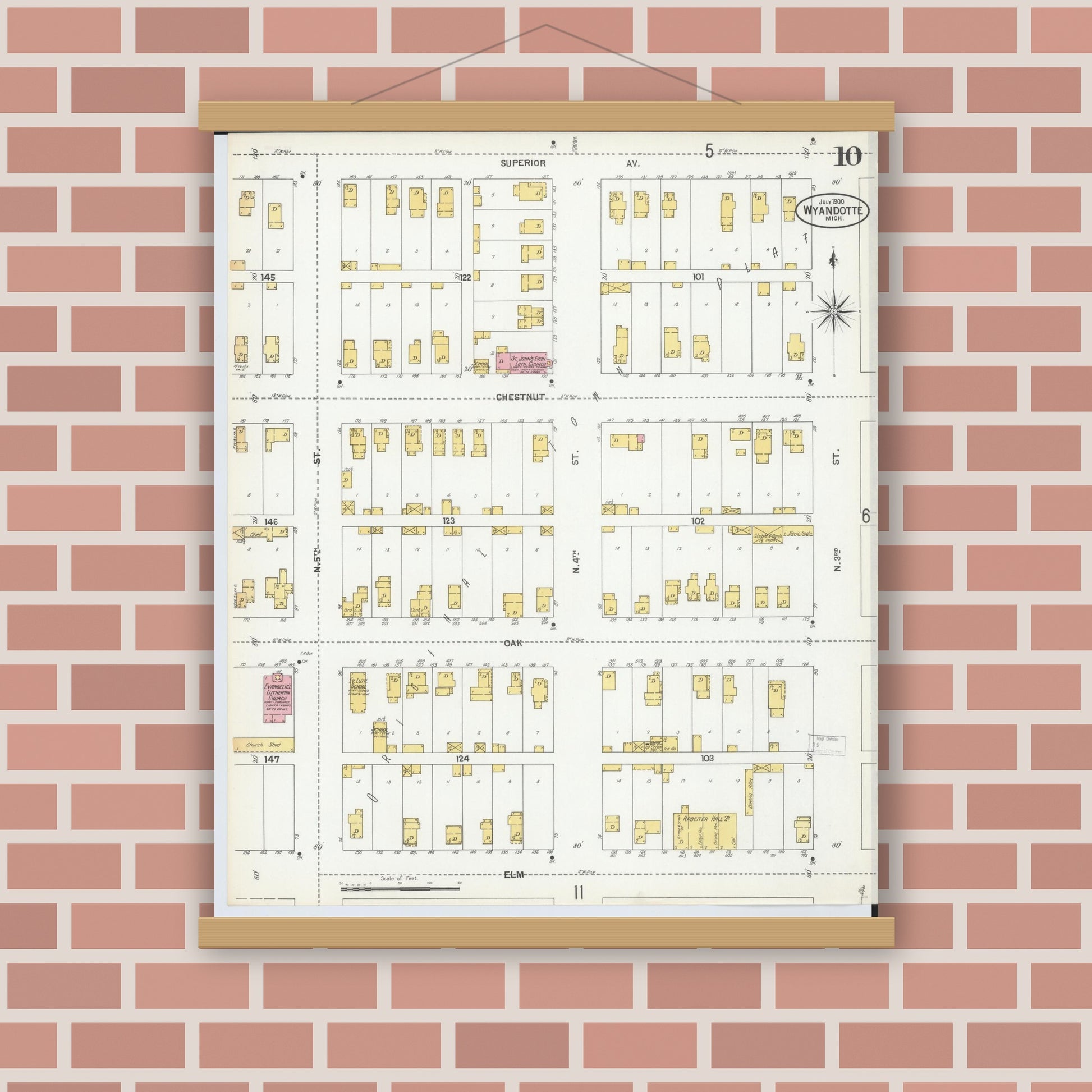 Old map wall art mockup — magnetic wood frame on brick wall — Sanborn Fire Insurance Map from Wyandotte, Wayne County, Michigan (1900), Sheet #0010