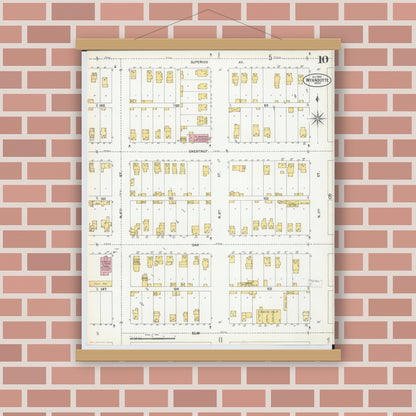 Old map wall art mockup — magnetic wood frame on brick wall — Sanborn Fire Insurance Map from Wyandotte, Wayne County, Michigan (1900), Sheet #0010