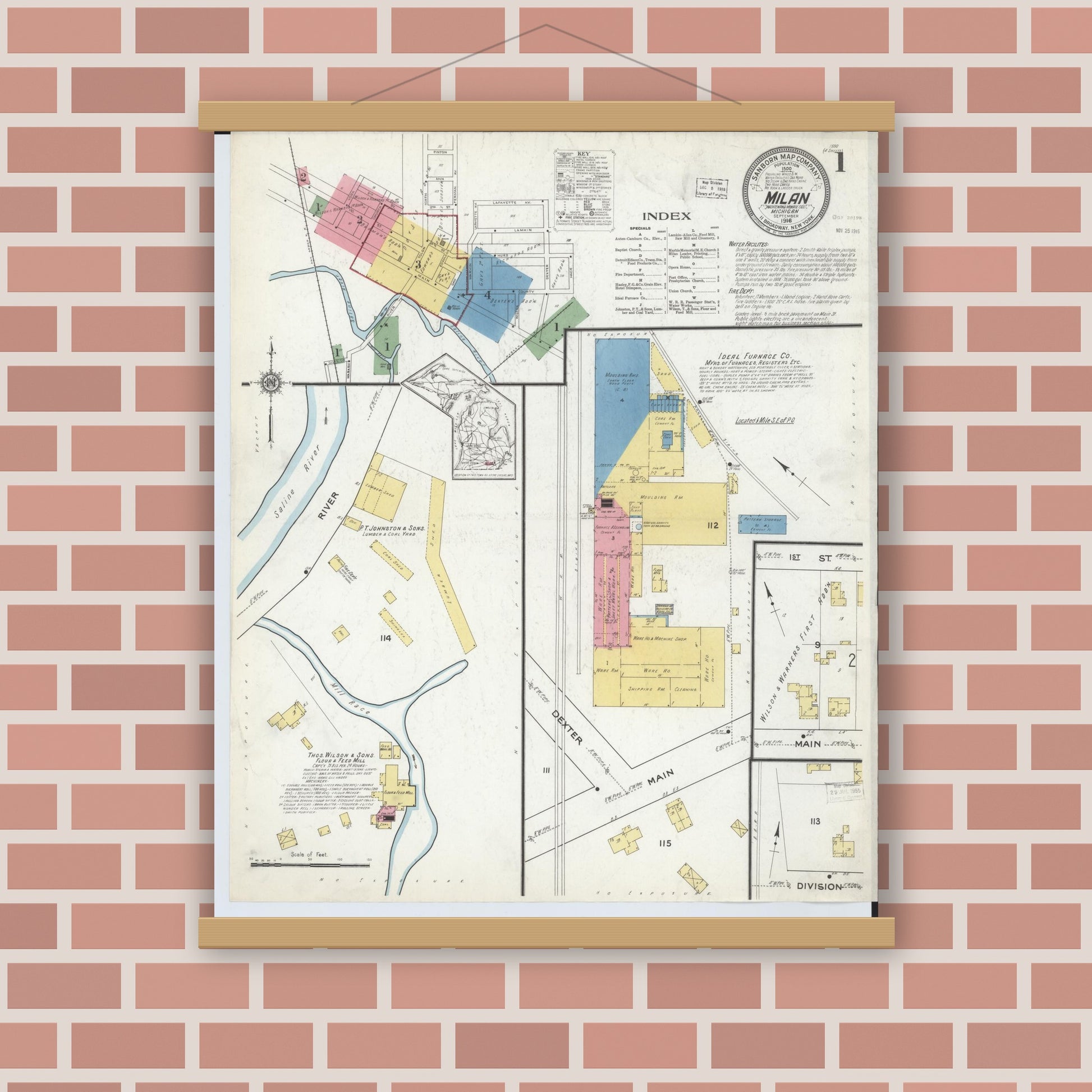 Old map wall art mockup — magnetic wood frame on brick wall — Sanborn Fire Insurance Map from Milan, Washtenaw And Monroe Counties, Michigan (1916) - Complete Map Set