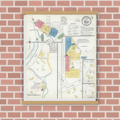 Old map wall art mockup — magnetic wood frame on brick wall — Sanborn Fire Insurance Map from Milan, Washtenaw And Monroe Counties, Michigan (1916) - Complete Map Set