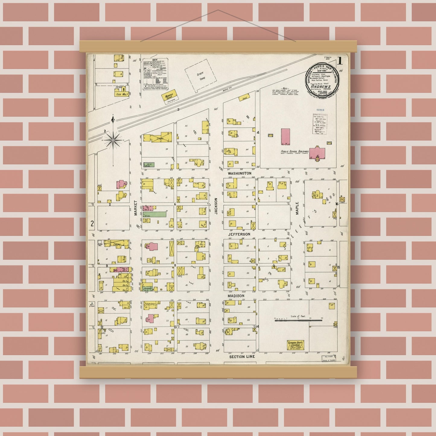Old map wall art mockup — magnetic wood frame on brick wall — Sanborn Fire Insurance Map from Andrews, Huntington County, Indiana (1900), Sheet #0001