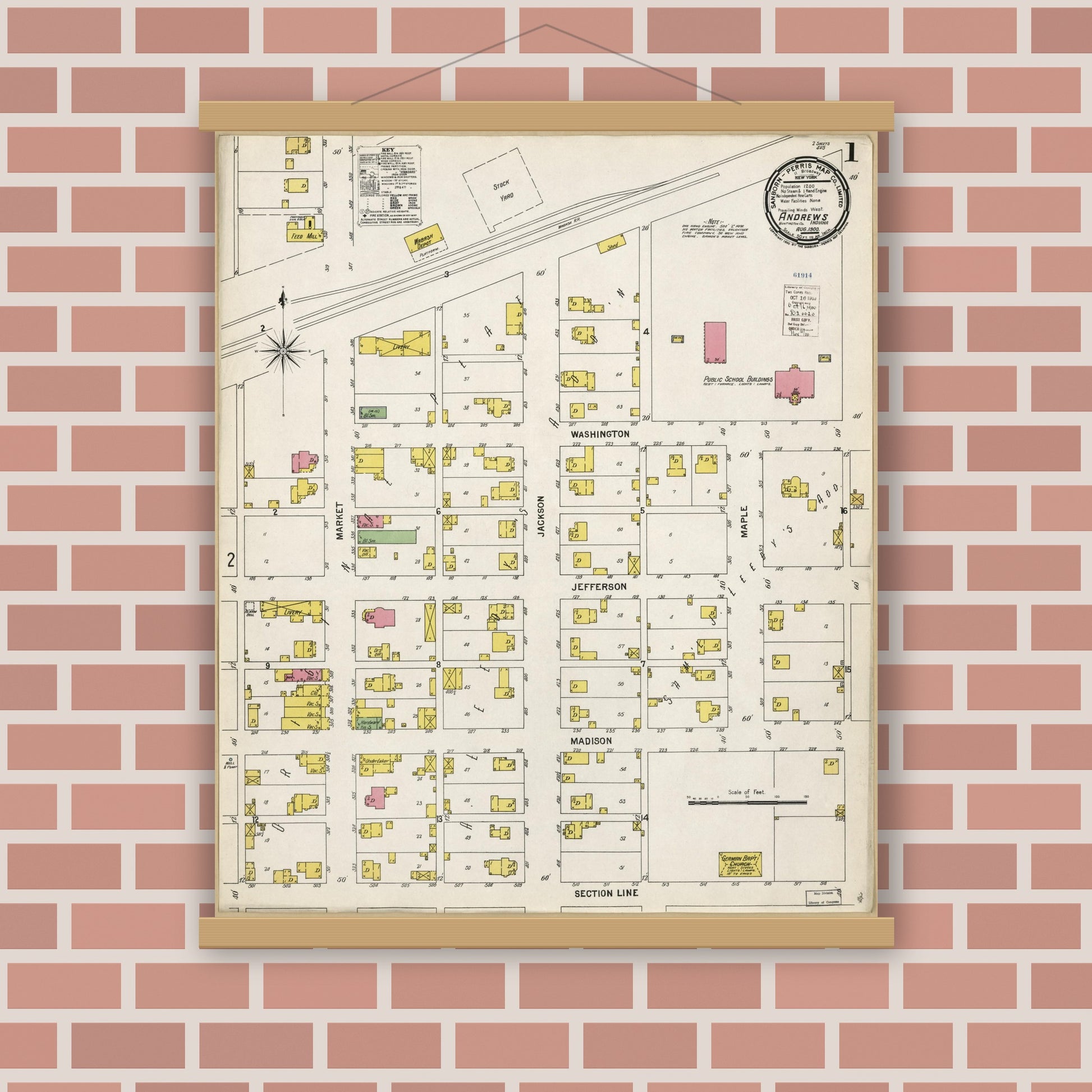 Old map wall art mockup — magnetic wood frame on brick wall — Sanborn Fire Insurance Map from Andrews, Huntington County, Indiana (1900), Sheet #0001
