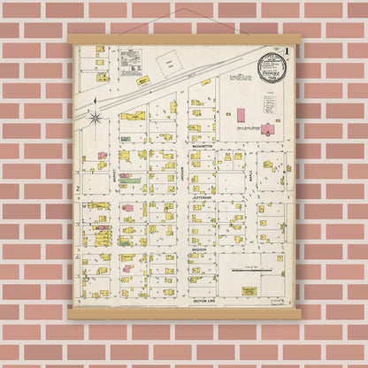 Old map wall art mockup — magnetic wood frame on brick wall — Sanborn Fire Insurance Map from Andrews, Huntington County, Indiana (1900), Sheet #0001