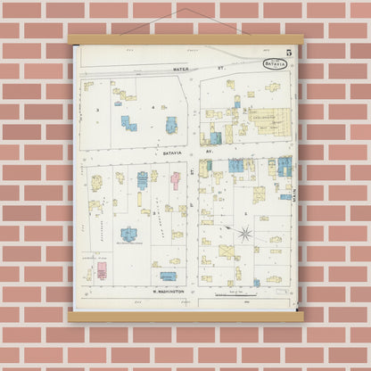 Old map wall art mockup — magnetic wood frame on brick wall — Sanborn Fire Insurance Map from Batavia, Kane County, Illinois (1891), Sheet #0005