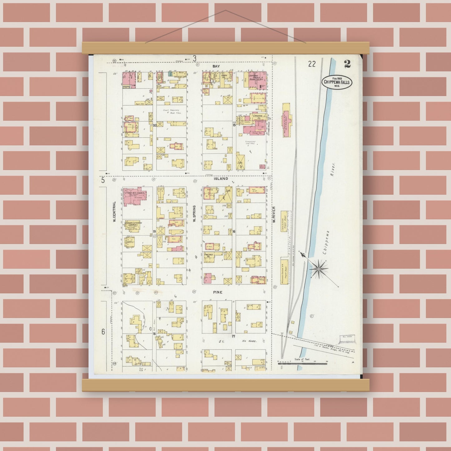Old map wall art mockup — magnetic wood frame on brick wall — Sanborn Fire Insurance Map from Chippewa Falls, Chippewa County, Wisconsin (1903), Sheet #0002