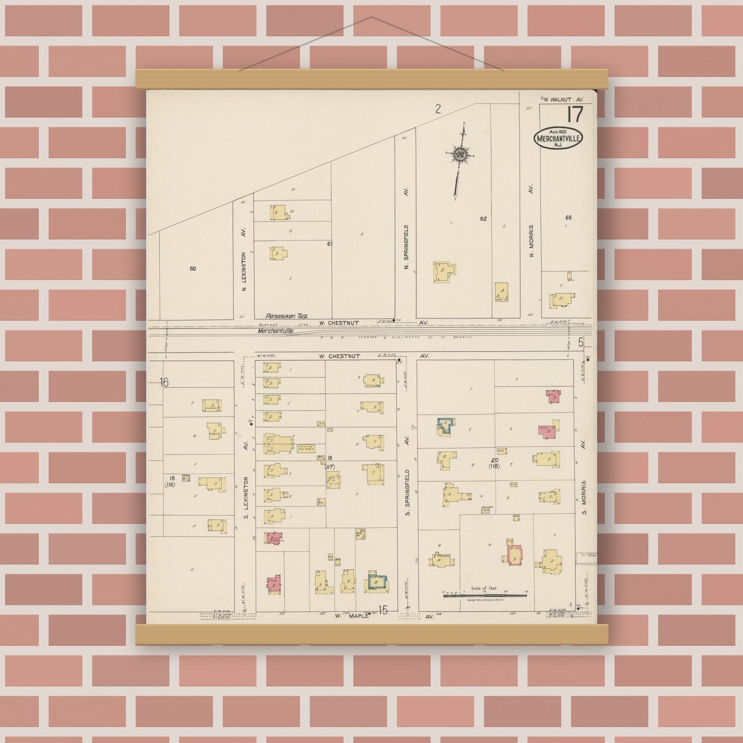 Old map wall art mockup — magnetic wood frame on brick wall — Sanborn Fire Insurance Map from Merchantville, Camden County, New Jersey (1921), Sheet #0017