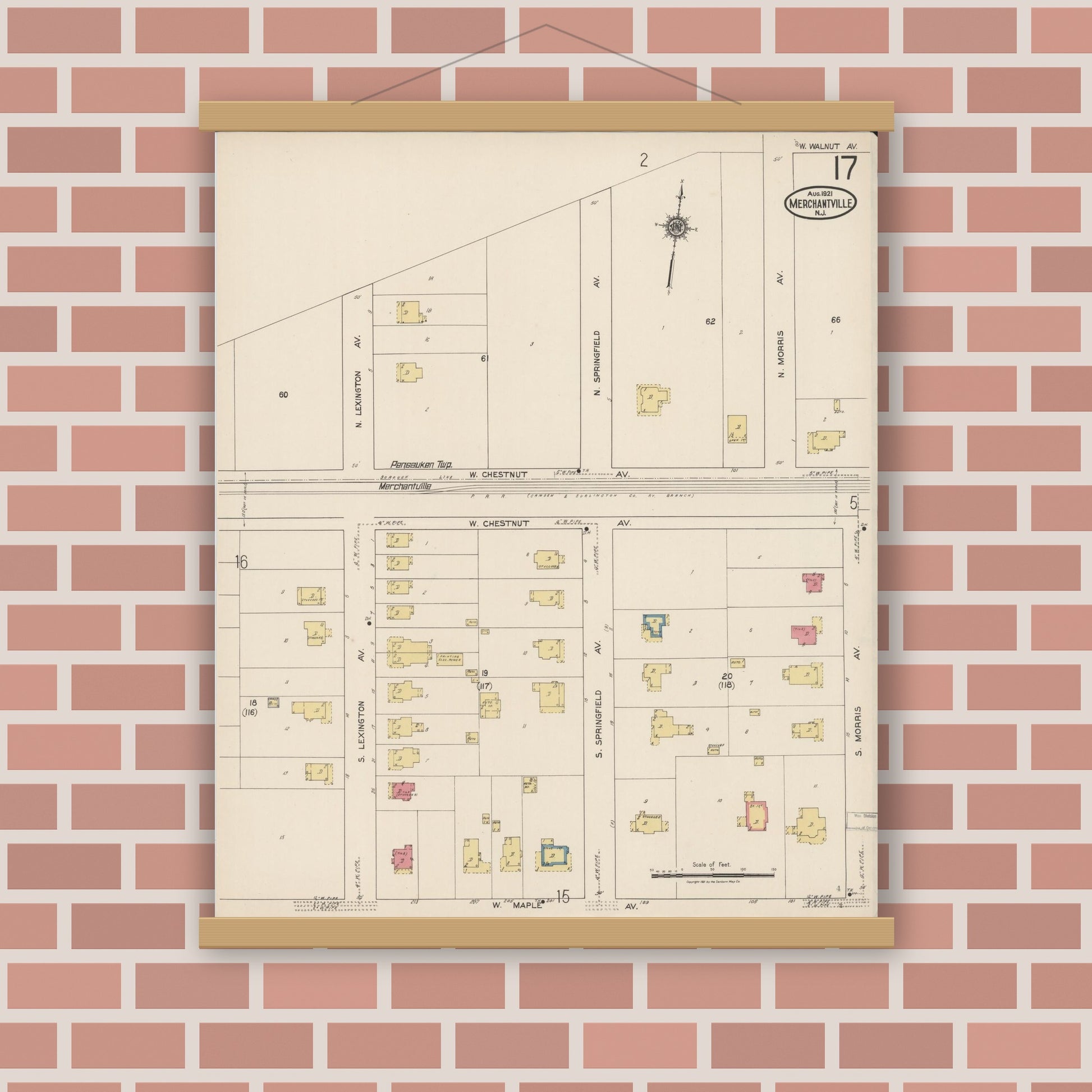 Old map wall art mockup — magnetic wood frame on brick wall — Sanborn Fire Insurance Map from Merchantville, Camden County, New Jersey (1921), Sheet #0017