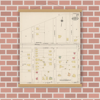 Old map wall art mockup — magnetic wood frame on brick wall — Sanborn Fire Insurance Map from Merchantville, Camden County, New Jersey (1921), Sheet #0017
