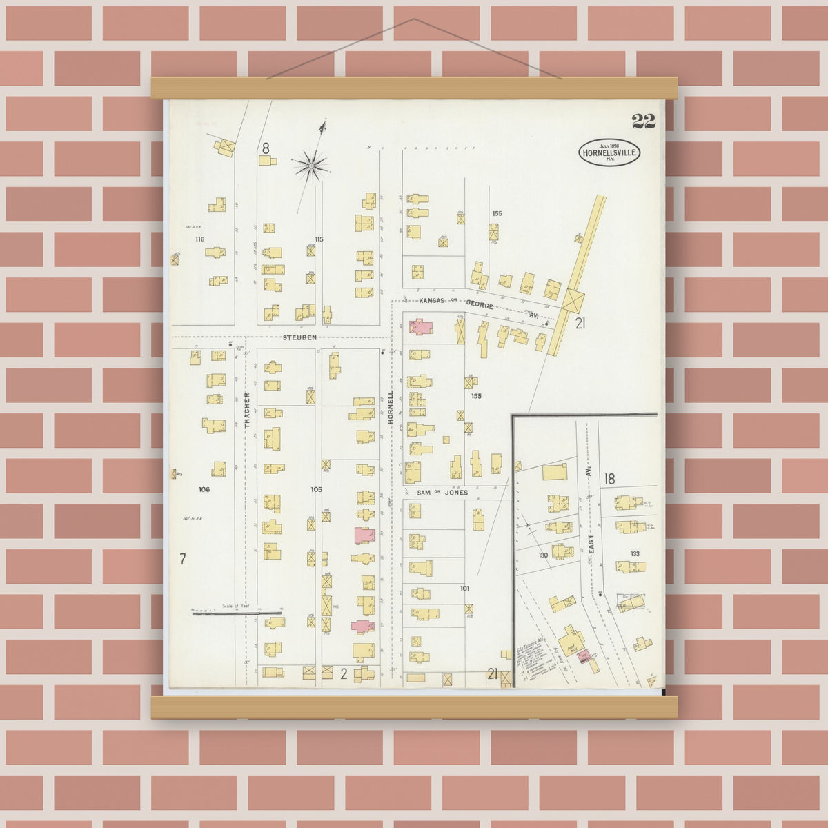 Old map wall art mockup — magnetic wood frame on brick wall — Sanborn Fire Insurance Map from Hornell, Steuben County, New York (1898), Sheet #0022