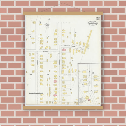 Old map wall art mockup — magnetic wood frame on brick wall — Sanborn Fire Insurance Map from Hornell, Steuben County, New York (1898), Sheet #0022