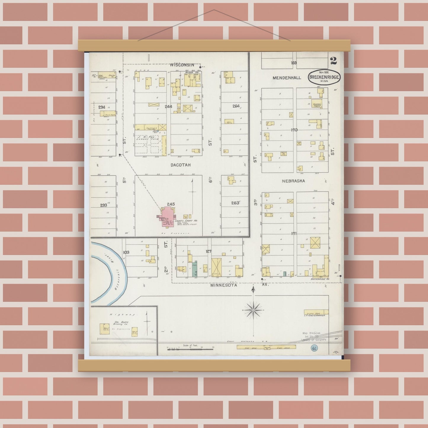 Old map wall art mockup — magnetic wood frame on brick wall — Sanborn Fire Insurance Map from Breckenridge, Wilkin County, Minnesota (1892), Sheet #0002