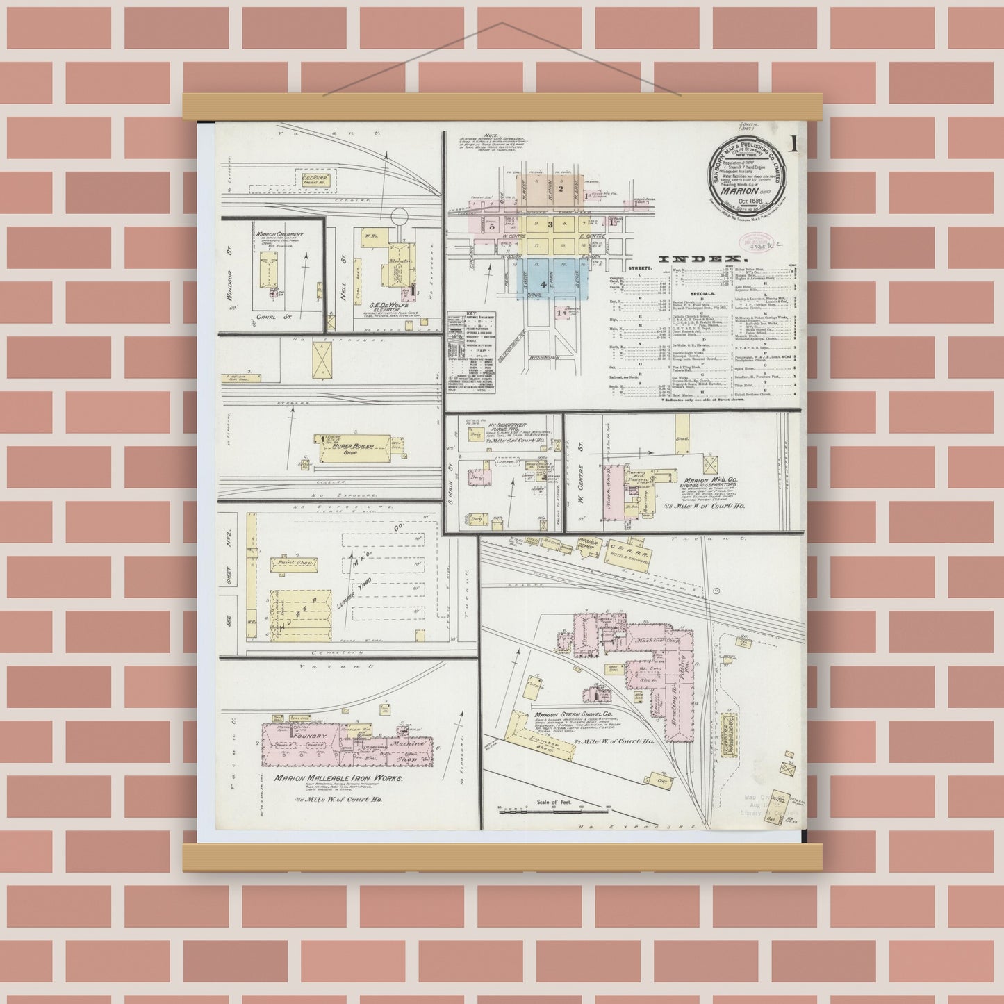 Old map wall art mockup — magnetic wood frame on brick wall — Sanborn Fire Insurance Map from Marion, Marion County, Ohio (1888), Sheet #0001
