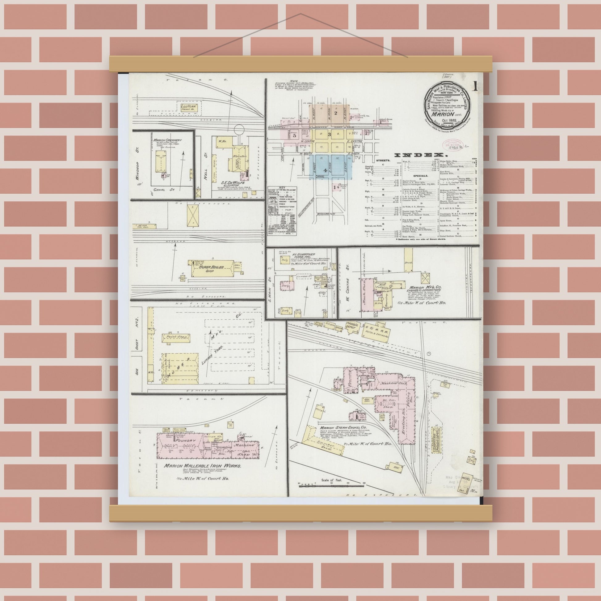 Old map wall art mockup — magnetic wood frame on brick wall — Sanborn Fire Insurance Map from Marion, Marion County, Ohio (1888), Sheet #0001