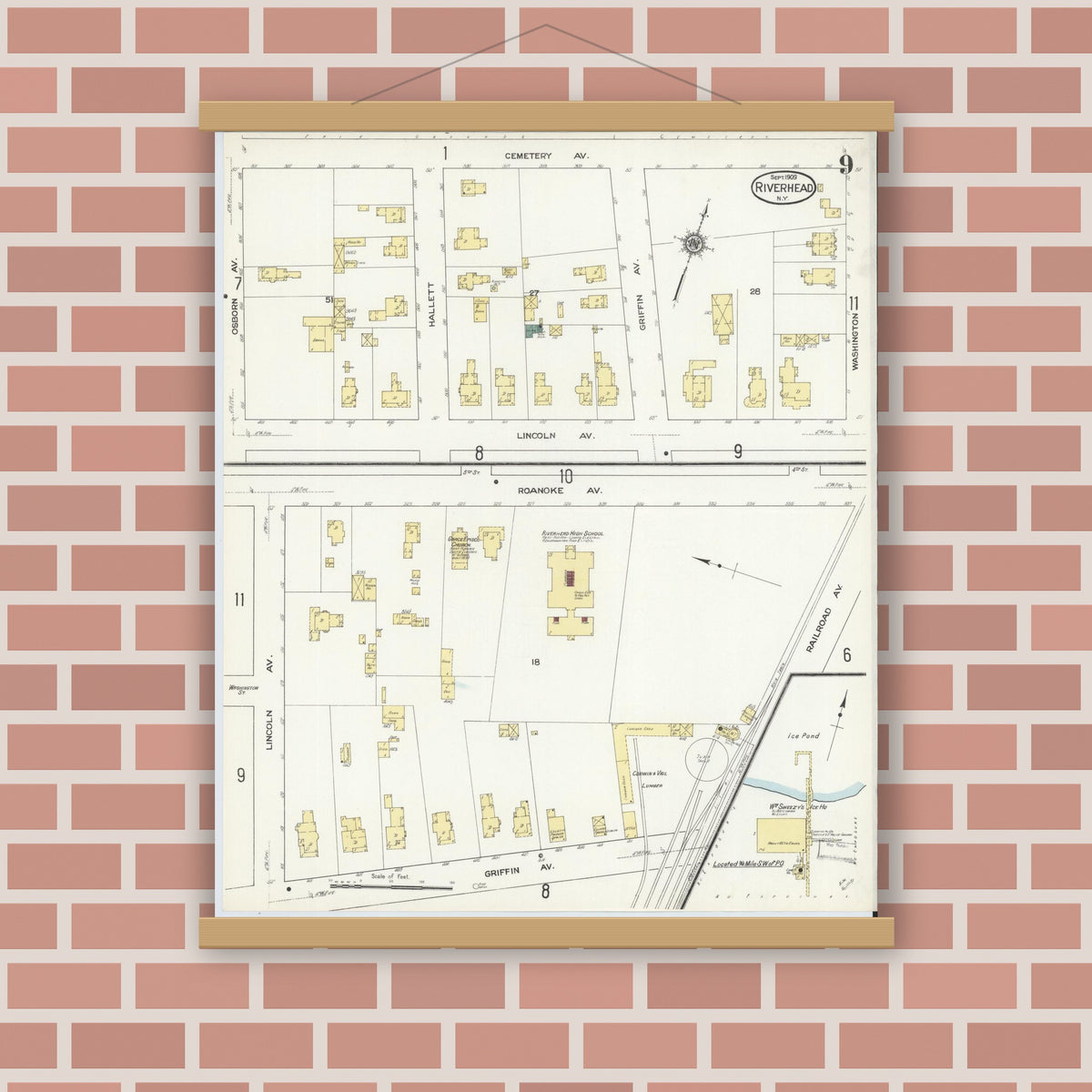 Old map wall art mockup — magnetic wood frame on brick wall — Sanborn Fire Insurance Map from Riverhead, Suffolk County, New York (1909), Sheet #0009