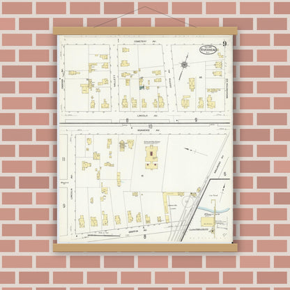 Old map wall art mockup — magnetic wood frame on brick wall — Sanborn Fire Insurance Map from Riverhead, Suffolk County, New York (1909), Sheet #0009