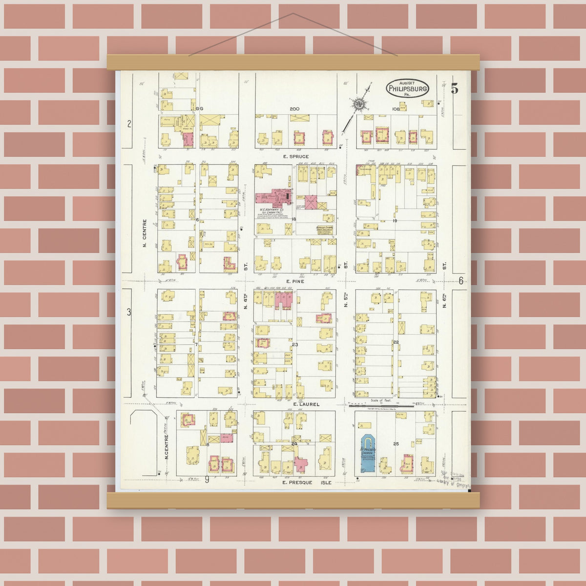 Old map wall art mockup — magnetic wood frame on brick wall — Sanborn Fire Insurance Map from Philipsburg, Centre County, Pennsylvania (1917), Sheet #0005