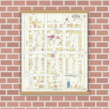 Old map wall art mockup — magnetic wood frame on brick wall — Sanborn Fire Insurance Map from Philipsburg, Centre County, Pennsylvania (1917), Sheet #0005