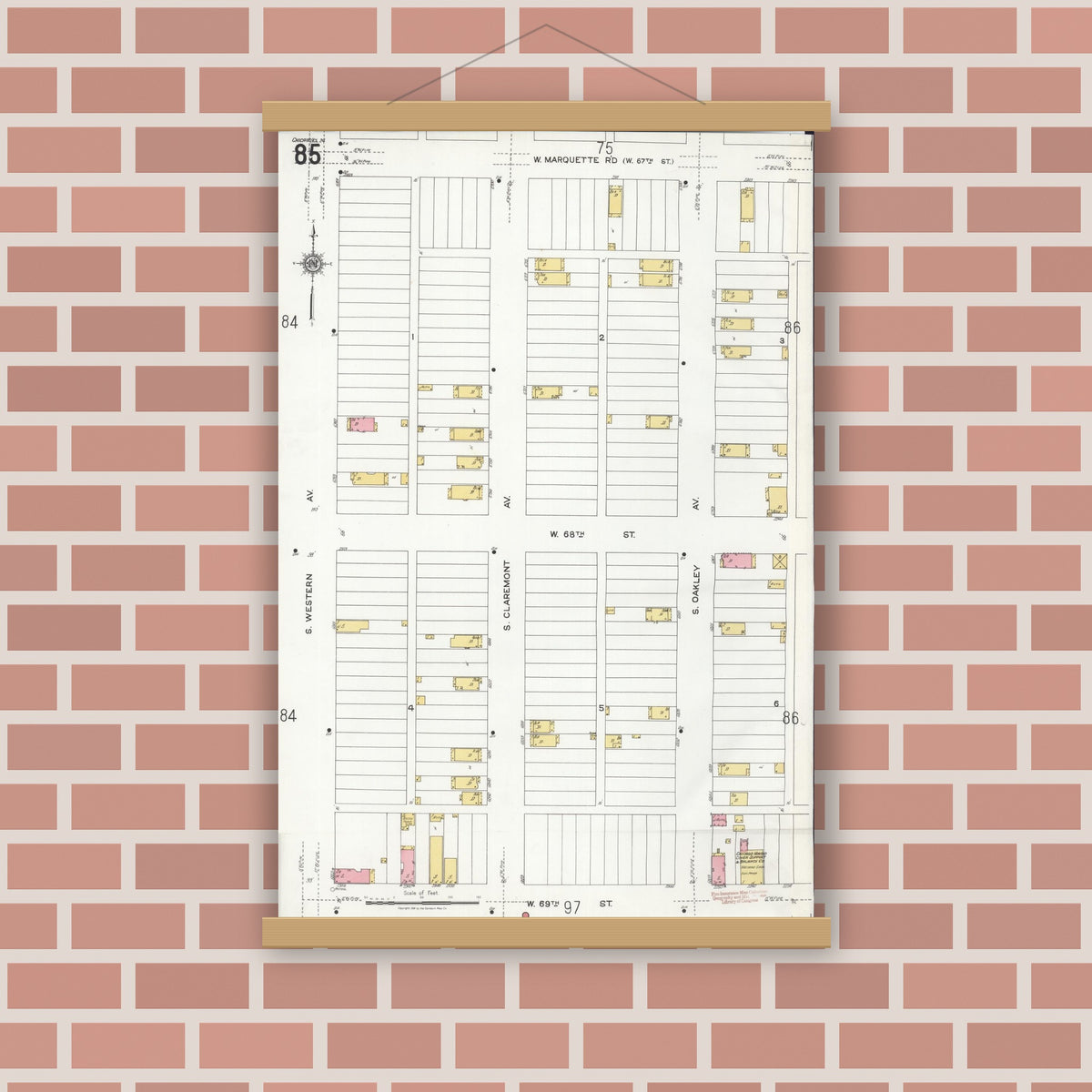 Old map wall art mockup — magnetic wood frame on brick wall — Sanborn Fire Insurance Map from Chicago, Cook County, Illinois (1920), Sheet #0085