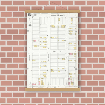 Old map wall art mockup — magnetic wood frame on brick wall — Sanborn Fire Insurance Map from Chicago, Cook County, Illinois (1920), Sheet #0085