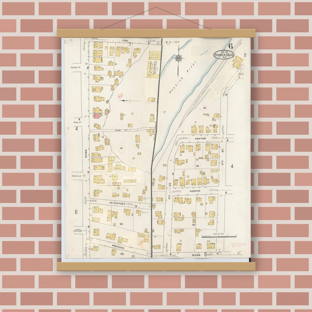 Old map wall art mockup — magnetic wood frame on brick wall — Sanborn Fire Insurance Map from Hoosick Falls, Rensselaer County, New York (1945), Sheet #0006