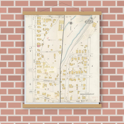 Old map wall art mockup — magnetic wood frame on brick wall — Sanborn Fire Insurance Map from Hoosick Falls, Rensselaer County, New York (1945), Sheet #0006