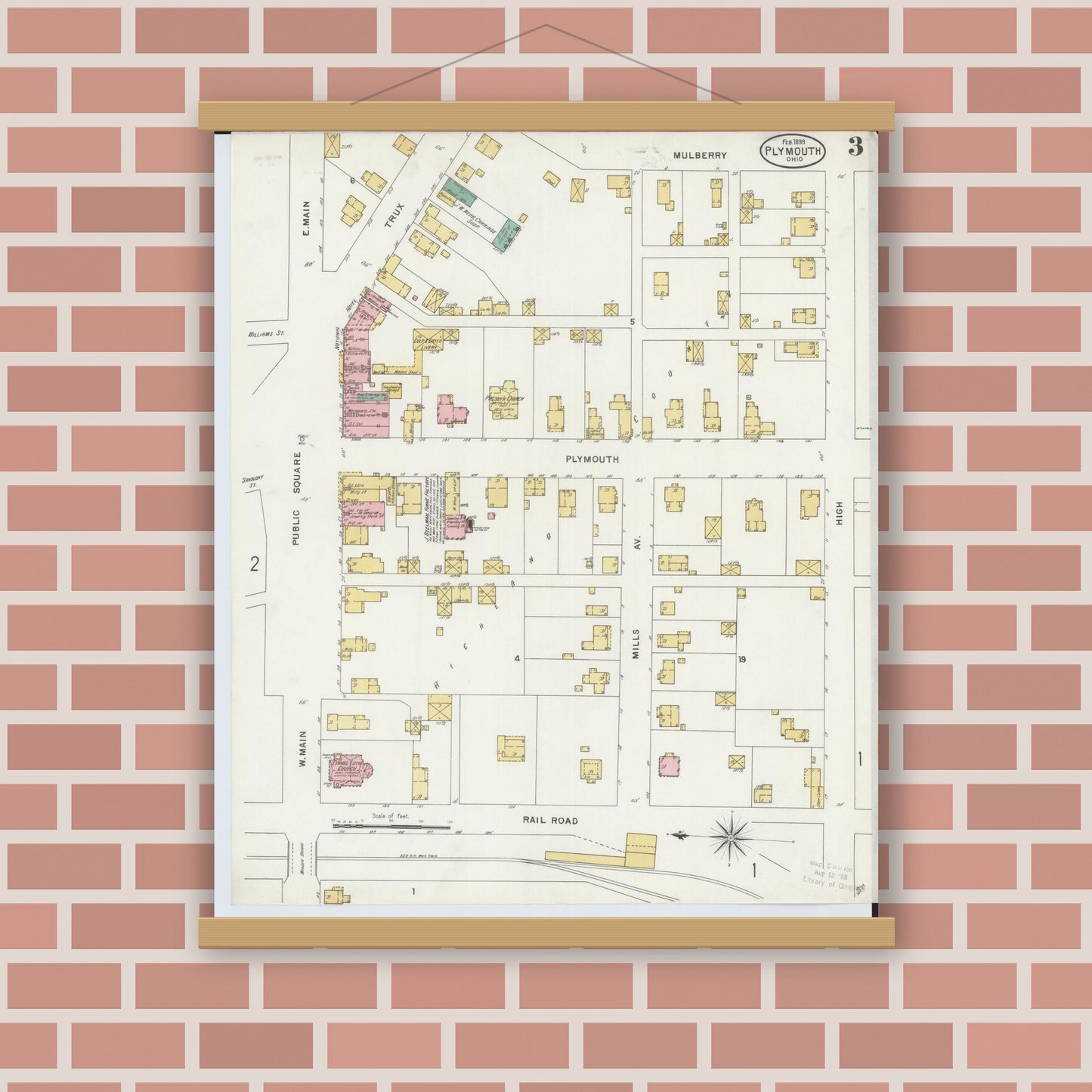 Old map wall art mockup — magnetic wood frame on brick wall — Sanborn Fire Insurance Map from Plymouth, Huron And Richland Counties, Ohio (1899), Sheet #0003
