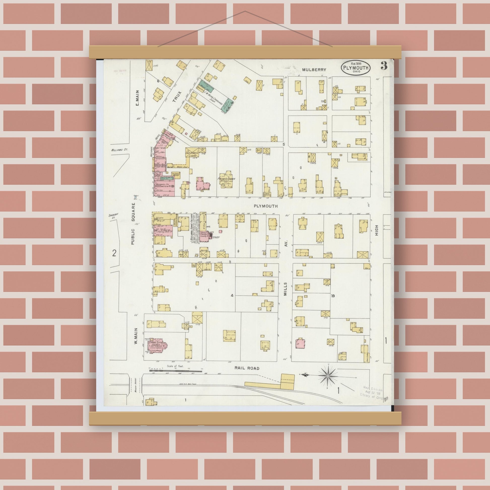 Old map wall art mockup — magnetic wood frame on brick wall — Sanborn Fire Insurance Map from Plymouth, Huron And Richland Counties, Ohio (1899), Sheet #0003