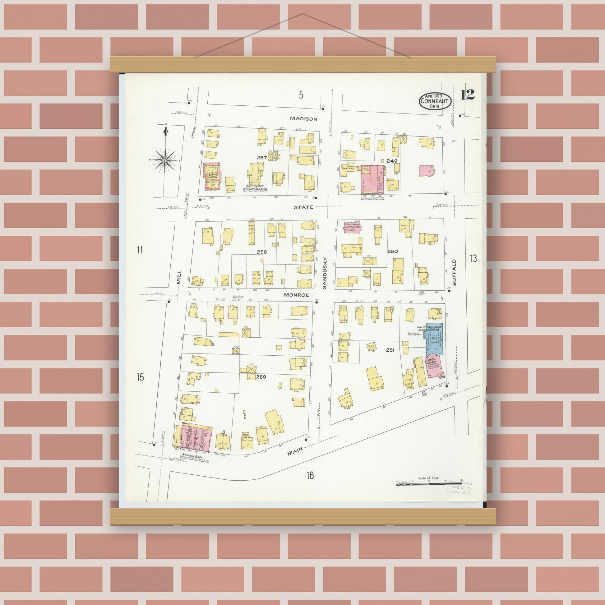 Old map wall art mockup — magnetic wood frame on brick wall — Sanborn Fire Insurance Map from Conneaut, Ashtabula County, Ohio (1909), Sheet #0012