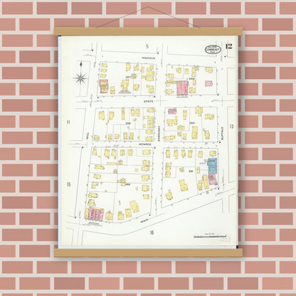 Old map wall art mockup — magnetic wood frame on brick wall — Sanborn Fire Insurance Map from Conneaut, Ashtabula County, Ohio (1909), Sheet #0012