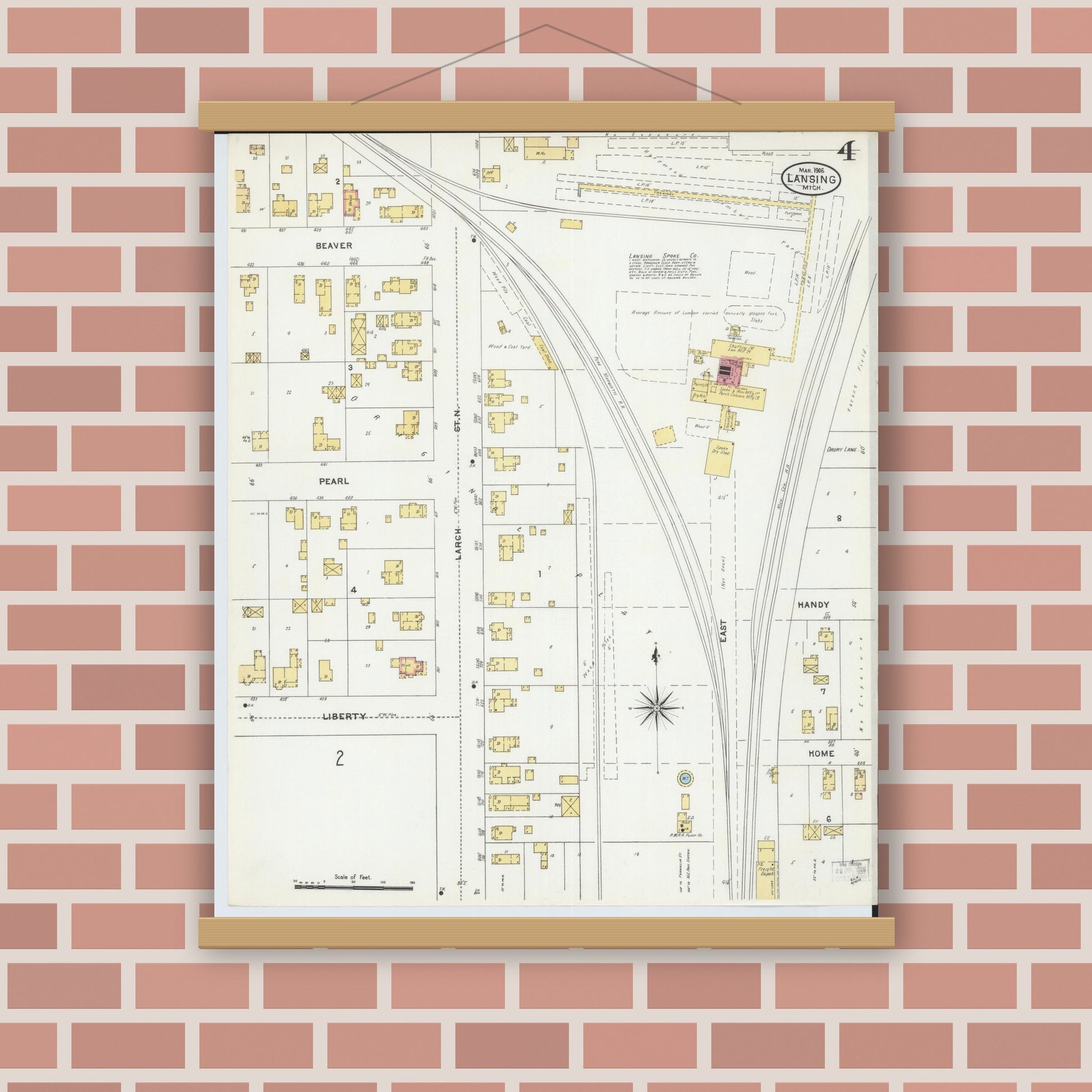 Old map wall art mockup — magnetic wood frame on brick wall — Sanborn Fire Insurance Map from Lansing, Ingham County, Michigan (1906), Sheet #0004